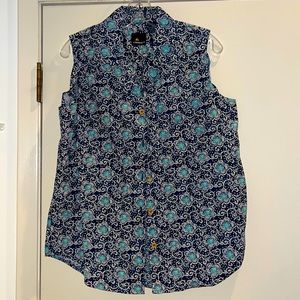Lizsport 100% Cotton Blue & Navy Batik Print Button Down Sleeveless Shirt Size M